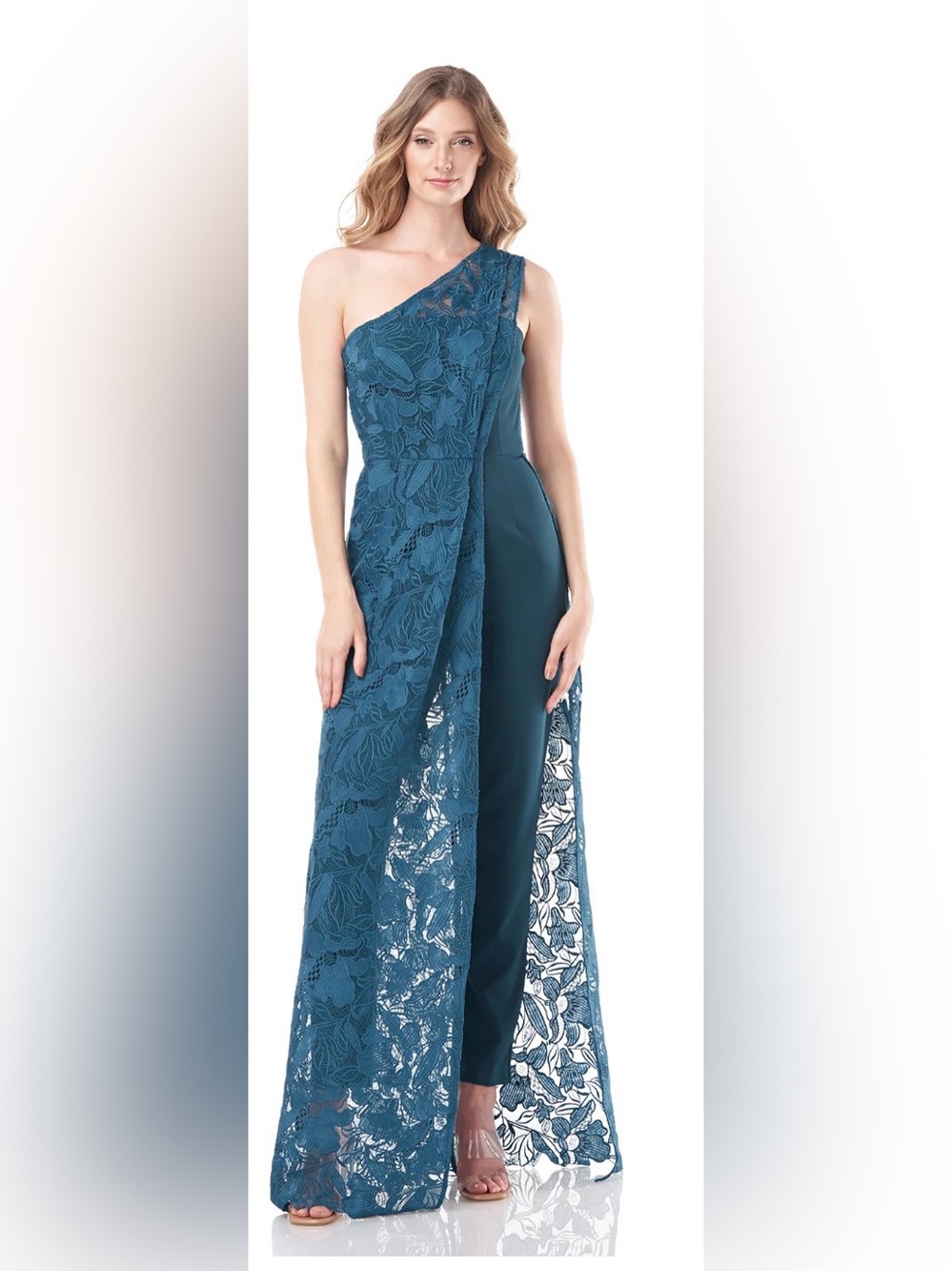 Kay Unger Size 18 NWT Estrella Column Jumpsuit Evening One Shoulder Lace